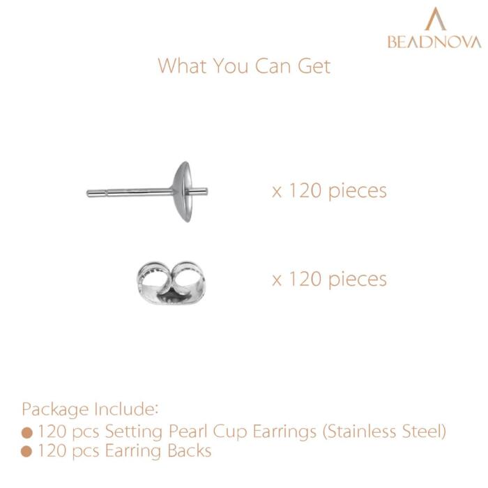 BEADNOVA Stainless Steel Earring Posts 120pcs with 3mm Setting Pearl Cup Stud Earrings for Pearl Setting with Earring Backs for Jewelry Making Earring Making Earring DIY (Stainless Steel, 120pcs)