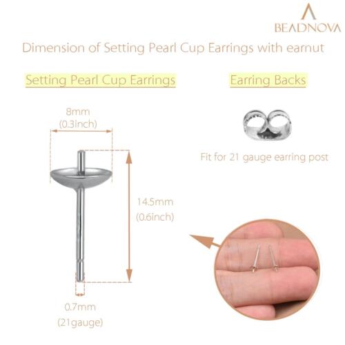 BEADNOVA Stainless Steel Earring Posts 120pcs with 8mm Setting Pearl Cup Stud Earrings for Pearl Setting with Earring Backs for Jewelry Making Earring Making Earring DIY (Stainless Steel, 120pcs)