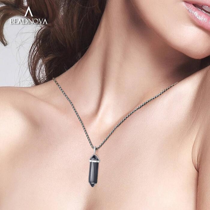 BEADNOVA Hematite Necklace Gemstone Crystal Necklace for Women Healing Stone Pendant Jewelry for Men Pendulum Divination Hexagonal Pendant (18 Inches Stainless Steel Chain)