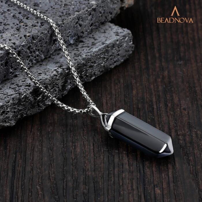 BEADNOVA Hematite Necklace Gemstone Crystal Necklace for Women Healing Stone Pendant Jewelry for Men Pendulum Divination Hexagonal Pendant (18 Inches Stainless Steel Chain)