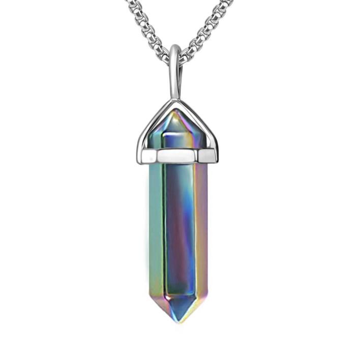 BEADNOVA Rainbow Hematite Necklace Gemstone Crystal Necklace for Women Healing Stone Pendant Jewelry for Men Pendulum Divination Hexagonal Pendant (18 Inches Stainless Steel Chain)