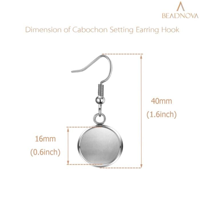 BEADNOVA Earring Kit 30pcs Blank Ear Wire Hook 16mm Stainless Steel Cabochon Setting Earring Bezel with Rubber Earring Backs for Cabochon Resin DIY Earring Making (16mm, 30pcs)