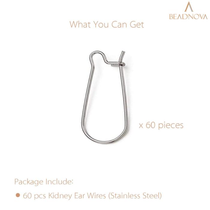 BEADNOVA Ear Wire Hooks 60pcs Stainless Steel Kidney Earring Hook Wire Earring Findings for Earring Making Jewelry Making Earring DIY (33mm, 60pcs)