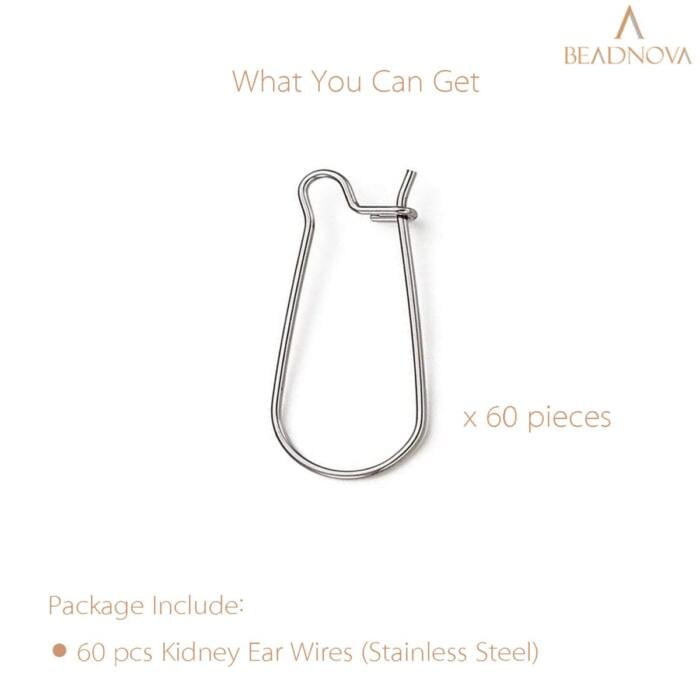 BEADNOVA Ear Wire Hooks 60pcs Stainless Steel Kidney Earring Hook Wire Earring Findings for Earring Making Jewelry Making Earring DIY (39mm, 60pcs)