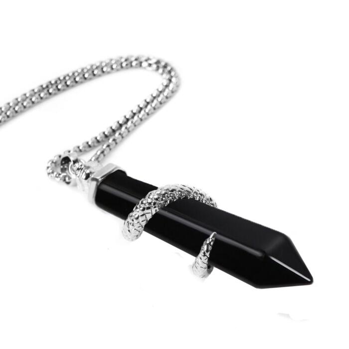 BEADNOVA Healing Crystal Necklace for Women Men Obsidian Snake Tail Wrap Pendant Energy Healing Gemstones Jewelry Pendulum Crystal Divination (Hexagonal, 18 Inches Stainless Steel Chain)