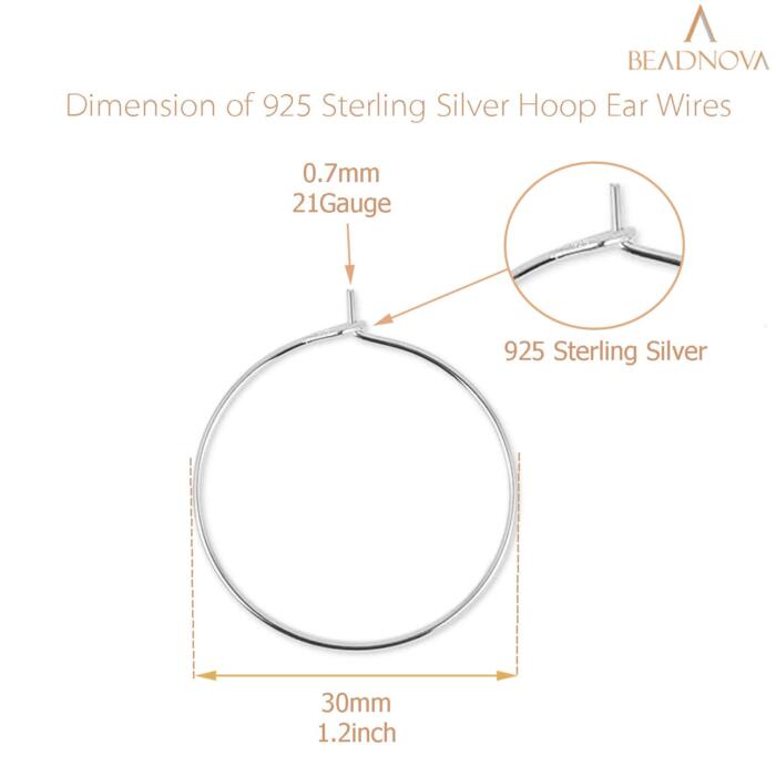 BEADNOVA 925 Sterling Silver Hoop Ear Wires Hoop Earrings Wires Earring Hoops for Jewelry Making Earrings Making DIY (2pcs, 30mm)