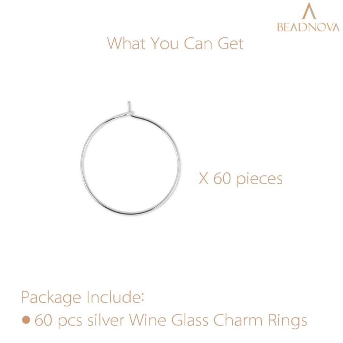 BEADNOVA Wine Charm Rings 60pcs Silver Plated 25mm Beading Charm Rings for Wine Glass DIY Crafting Festival Party Favor