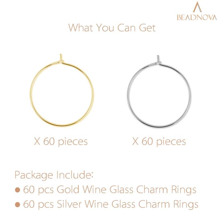 BEADNOVA Wine Glass Charm Rings 120pcs Gold and Silver Plated 25mm Beading Charm Rings Wine Glass Marker for Birthday Party Wedding Festival Favor