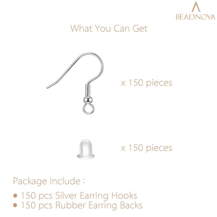 BEADNOVA Fish Hook Earring Hooks 150pcs Earring Findings with Earring Backs for Earring Supplies Earrings Making DIY (150pcs Silver Earring Hooks and 150pcs Earring Backs, Total 300pcs)