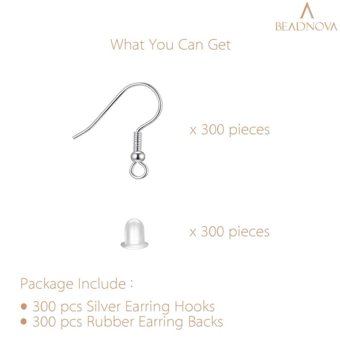 BEADNOVA Earring Hooks 300pcs Earring Kits with Rubber Earring Backs Earring Hook for Jewelry Making DIY Earring Supplies (300pcs Silver Earring Hooks and 300pcs Earring Backs, Total 600pcs)