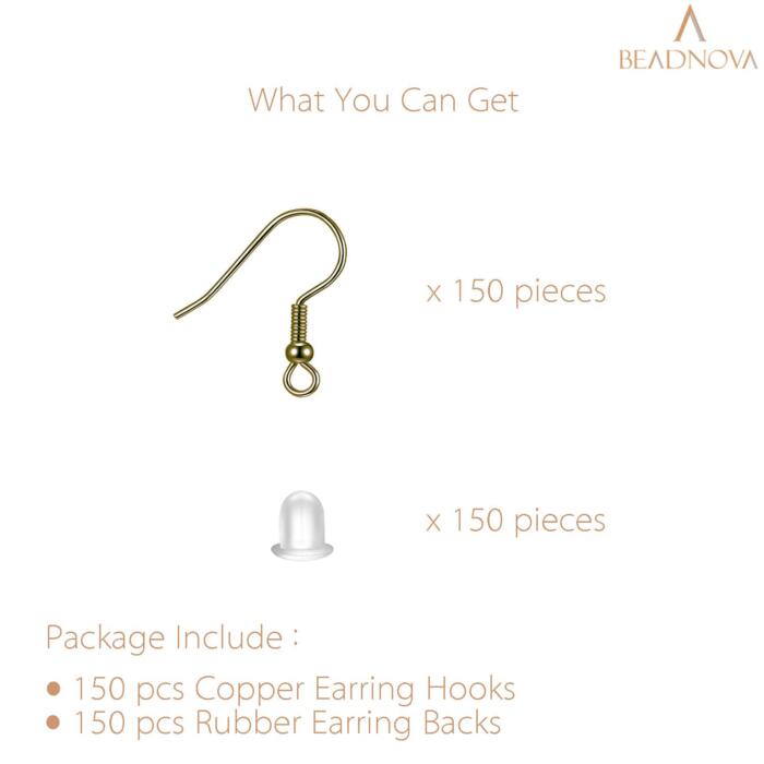 BEADNOVA Fish Hook Earring Hooks 150pcs Earring Findings with Earring Backs for Earring Supplies Earrings Making DIY (150pcs Copper Earring Hooks and 150pcs Earring Backs, Total 300pcs)