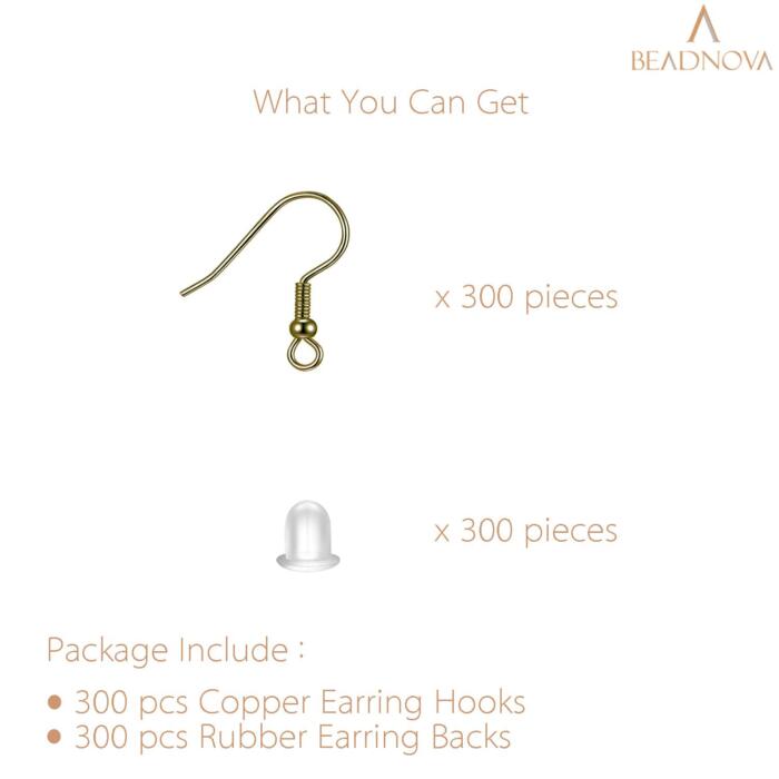 BEADNOVA Earring Hooks 300pcs Earring Kits with Rubber Earring Backs Earring Hook for Jewelry Making DIY Earring Supplies (300pcs Copper Earring Hooks and 300pcs Earring Backs, Total 600pcs)