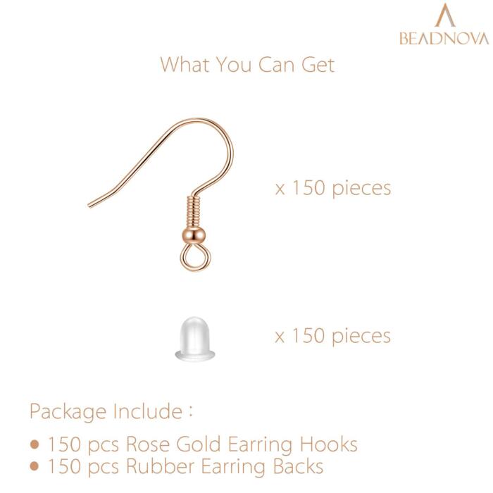 BEADNOVA Fish Hook Earring Hooks 150pcs Earring Findings with Earring Backs for Earring Supplies Earrings Making DIY (150pcs Rose Gold Earring Hooks and 150pcs Earring Backs, Total 300pcs)