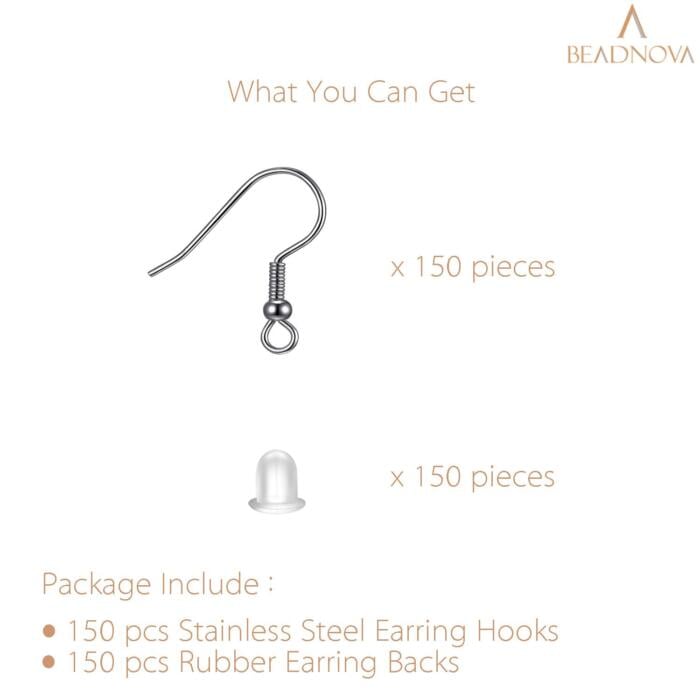 BEADNOVA Fish Hook Earring Hooks 150pcs Stainless Steel Earring Findings with Earring Backs for Earring Supplies Earrings Making DIY (150pcs Earring Hooks and 150pcs Earring Backs, Total 300pcs)
